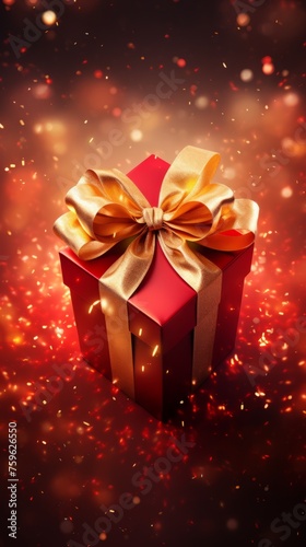 A red gift box with a gold bow with a magical light 