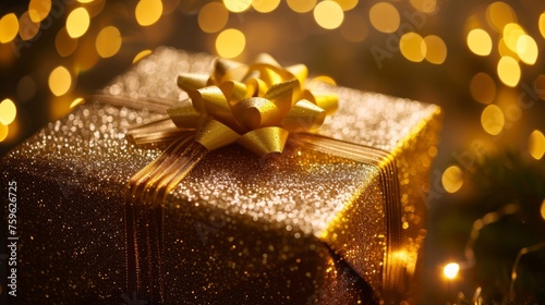 A gift in a gold package on a blurred background