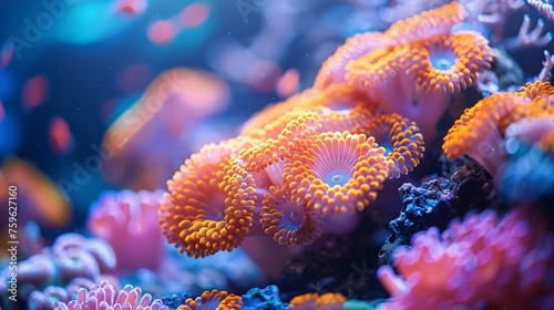 close up of colorful sea coral reef claymation  penetration light  text copy space