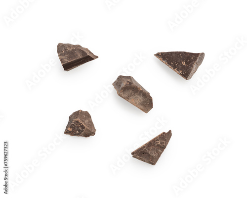 Set of dark chocolate chunks isolated on white background