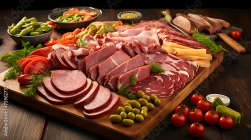 Assortment of Freshly Sliced Deli Meats on a Wooden Cutting Board