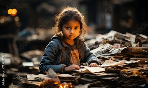 Little Girl Sitting on Pile of Paper