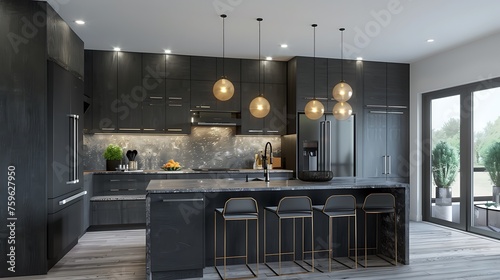 Modern style kitchen featuring textured cabinets in a charcoal gray finish for added depth