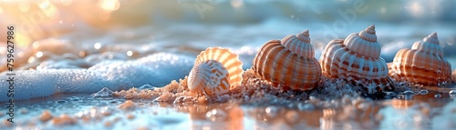 Close up seashells in sunlight or sunset on the beach photo