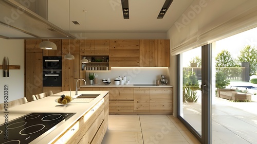 Modern style kitchen incorporating textured cabinets in a light oak finish for a natural aesthetic