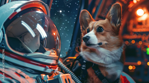 a cute corgi astronaut in a spaceship looking at a spacesuit, concept for Cosmonautics Day, astronomy, banner