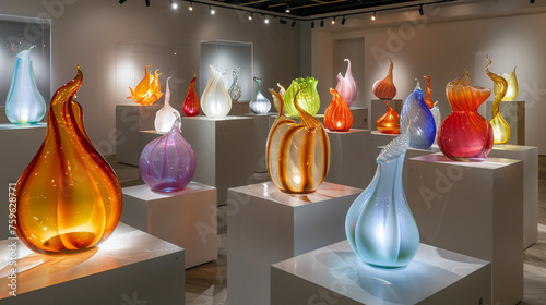 A gallery of handcrafted glass sculptures under soft lighting