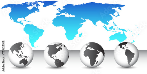 Set of globes with different continents and a map earth