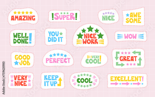 Good job, nice work, super, well-done sticker set. Positive, inspirational, and praising lettering words and phrases to celebrate the school, educational, student, and work results and success. Vector