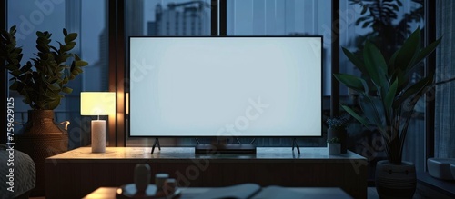Blank TV screen mockup in dark interior, front view. Empty plasma display in living room. Clear smart panel monitor.