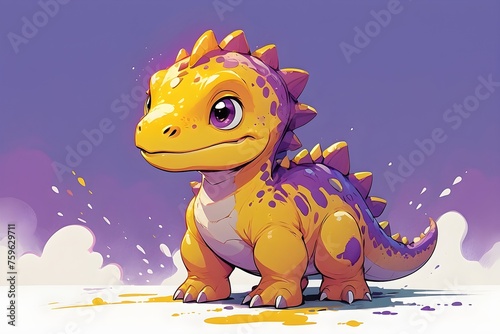 Charming cartoon dinosaur in bright purple and orange colors. Colorful fantasy background.