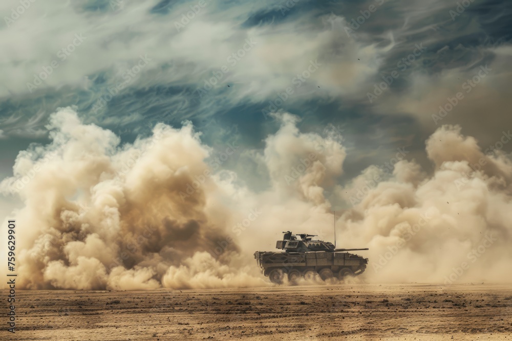 military armored vehicle in the desert, dust and smoke around military armored vehicle in the desert, dust and smoke around