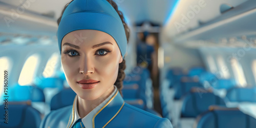 An elegant 3D rendered flight attendant standing in an airplane aisle, representing quality service