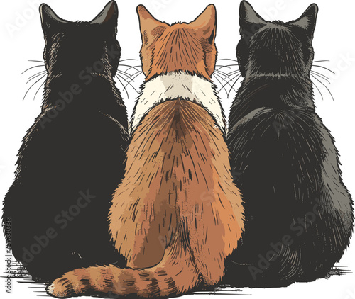 An illustration featuring three cats sitting in a row with a vintage aesthetic, depicted from the rear view in vector format.