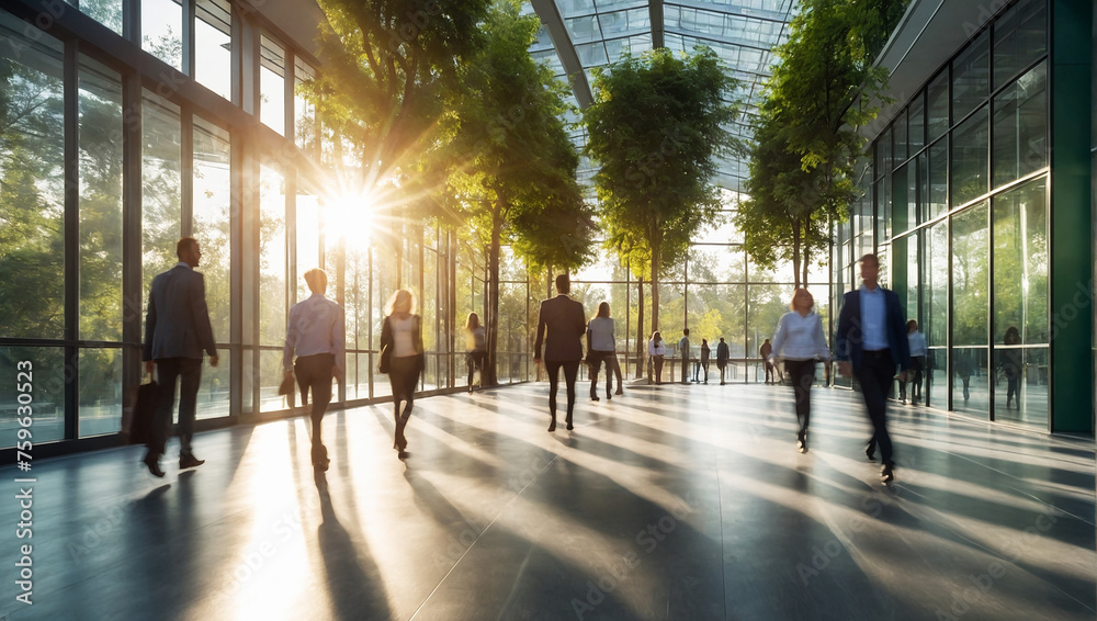 Blurred background of people walking in a modern office building with green trees and sunlight , eco friendly and ecological responsible business concept image with copy space

