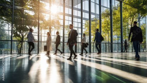 Blurred background of people walking in a modern office building with green trees and sunlight , eco friendly and ecological responsible business concept image with copy space   © PixelBook