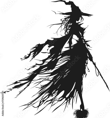 Silhouette of a witch riding a broomstick while holding a quill or feather, depicted in 2D with black and white character design. This graphic design features clear background.