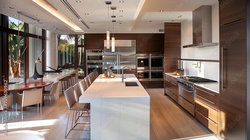 Modern style kitchen showcasing floating cabinets suspended from the ceiling for a striking effect