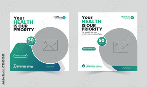 Medical service social media post design template, healthcare social media template, hospital social media banner ads, medical promotion square post design.