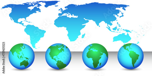 Set of globes with different continents and a map earth