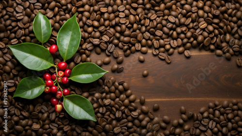 Fresh Coffee Beans and Greenery on an Antique Table with Copy Space