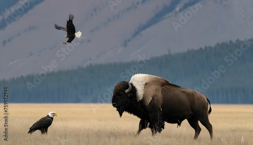 A Buffalo With A Bald Eagle Perched Nearby