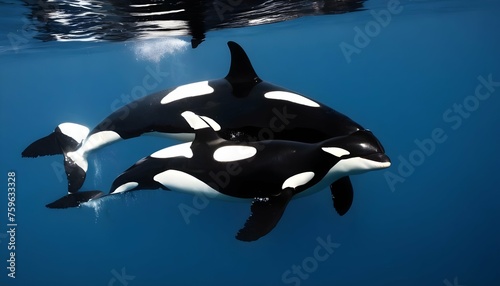 A Mother And Calf Orca Swimming Together