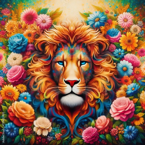 Original oil painting Painted lion in colorful colors Beautiful blue glassy eyes Contemporary painting Elongated format 