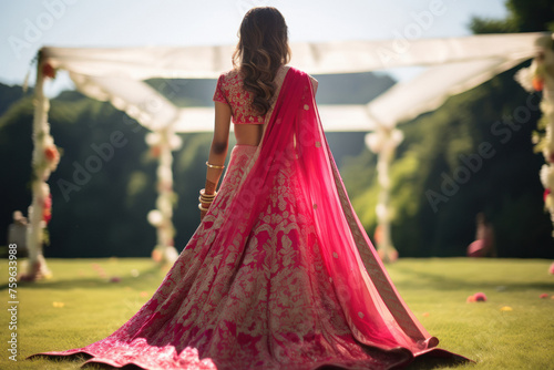 Back view of indian bridal wearing traditional lehenga photo