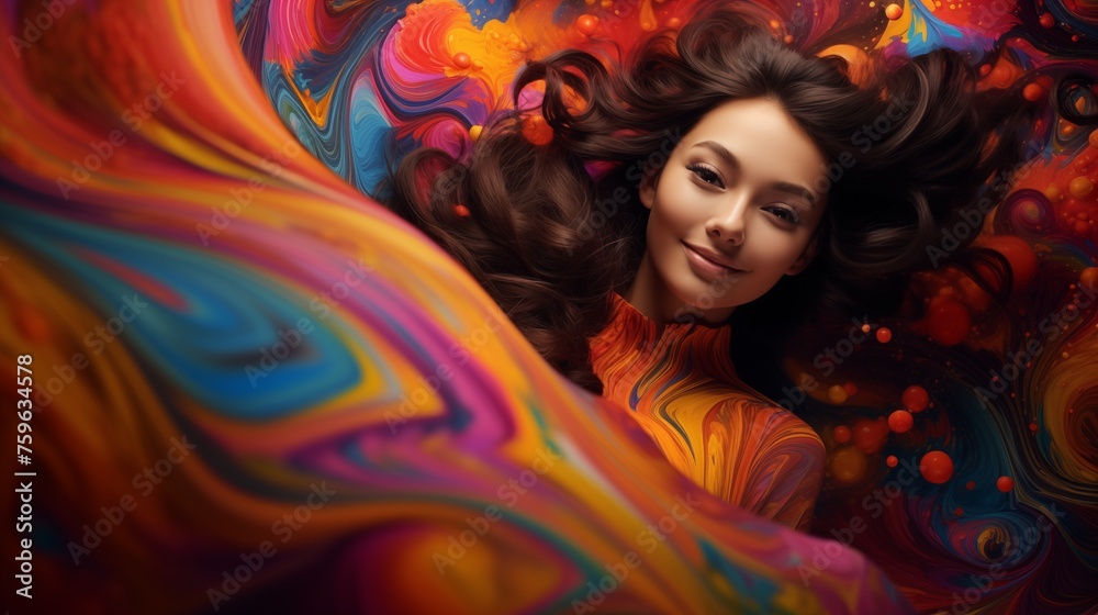 A girl model with a confident smile, positioned against a backdrop of swirling, liquid-like patterns in bold, vibrant colors.