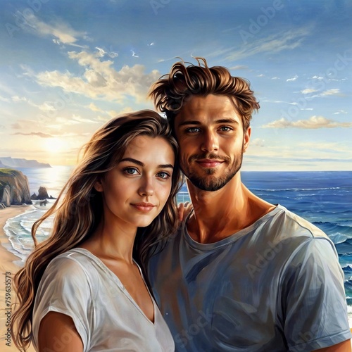 Beautiful young couple in love against the backdrop of the sea. Romance of travel.