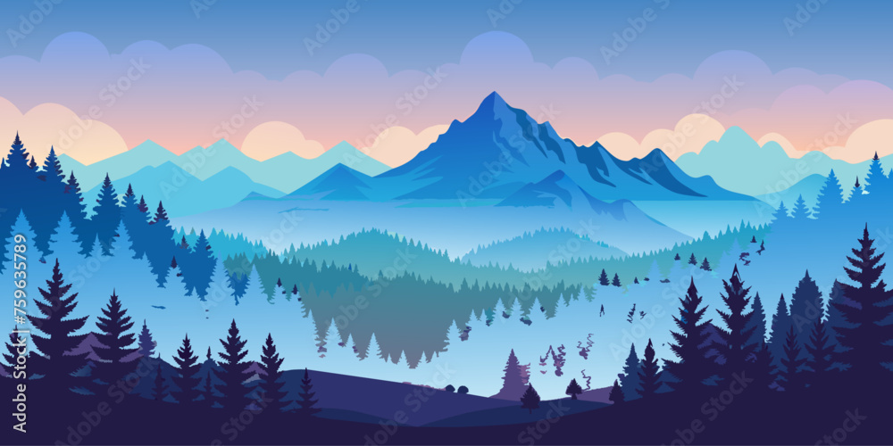 Landscape with mountains and coniferous forest. Vector illustration. - obrazy, fototapety, plakaty 