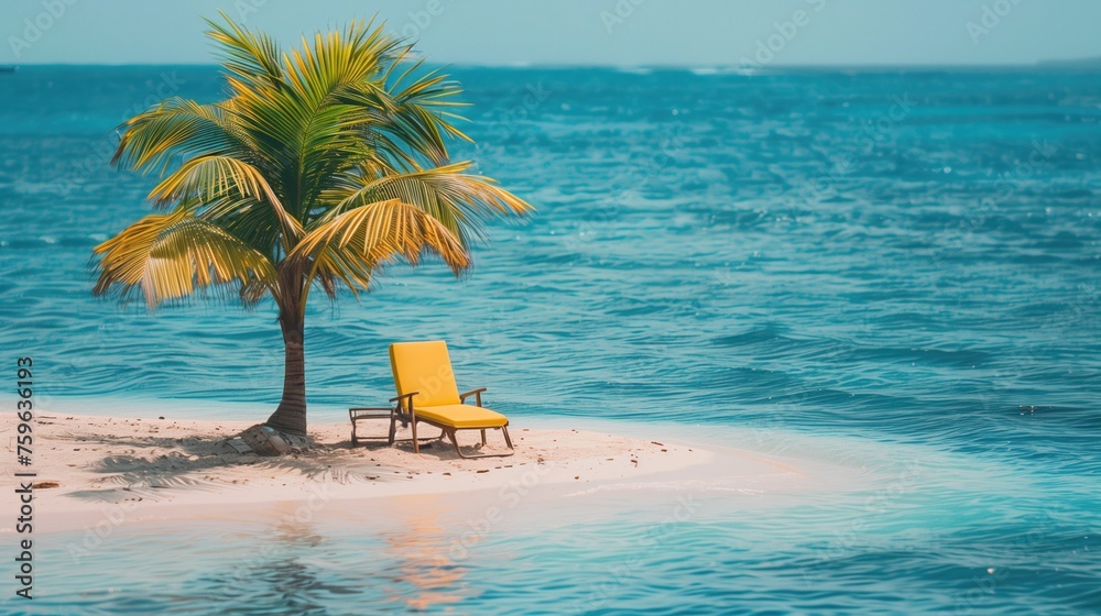 One yellow lounge chair next to a palm tree on a tiny sand island in the middle of the Caribbean tropical ocean.
