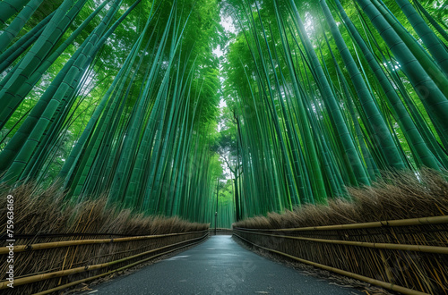A serene scene of the Arashiyama bamboo forest in Kyoto, Japan with rows of tall green trees and an elegant path leading through it. Created with Ai