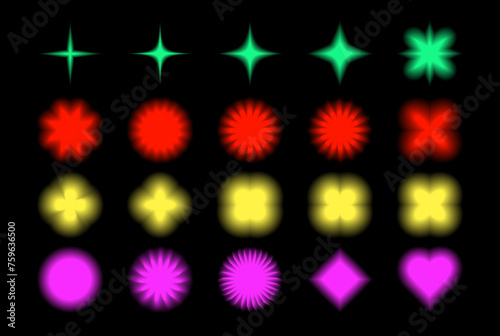 Set of shiny blurred geometric vector objects, design elements, star and heart symbols, y2k aesthetic decorations. Vector illustration isolated on black background