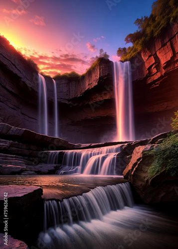 Fantasy landscape with waterfall at sunset