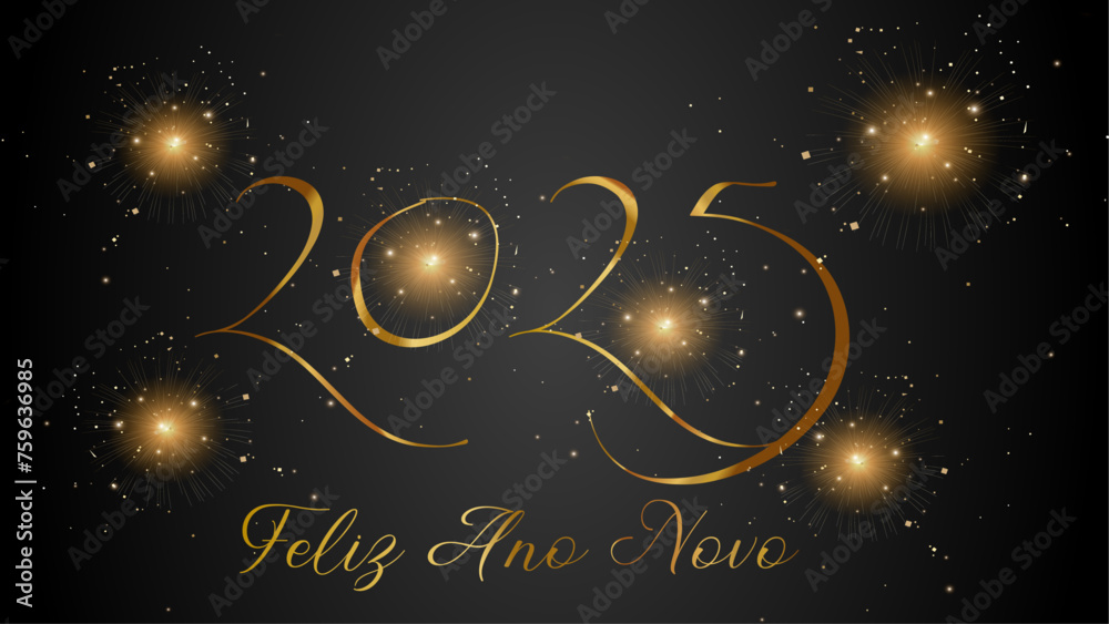 cartão ou banner para desejar um feliz ano novo 2025 em ouro sobre um fundo gradiente preto com estrelas e glitter dourado