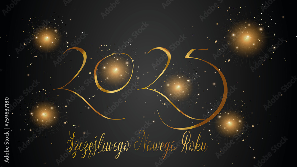 karta lub baner z życzeniami szczęśliwego nowego roku 2025 w złocie na czarnym gradientowym tle z gwiazdami i złotym brokatem - obrazy, fototapety, plakaty 