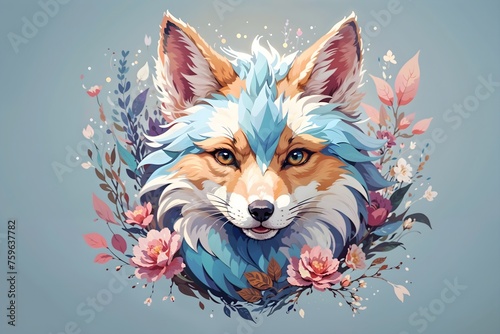 Fantasy Fox Portrait with Floral Elements 