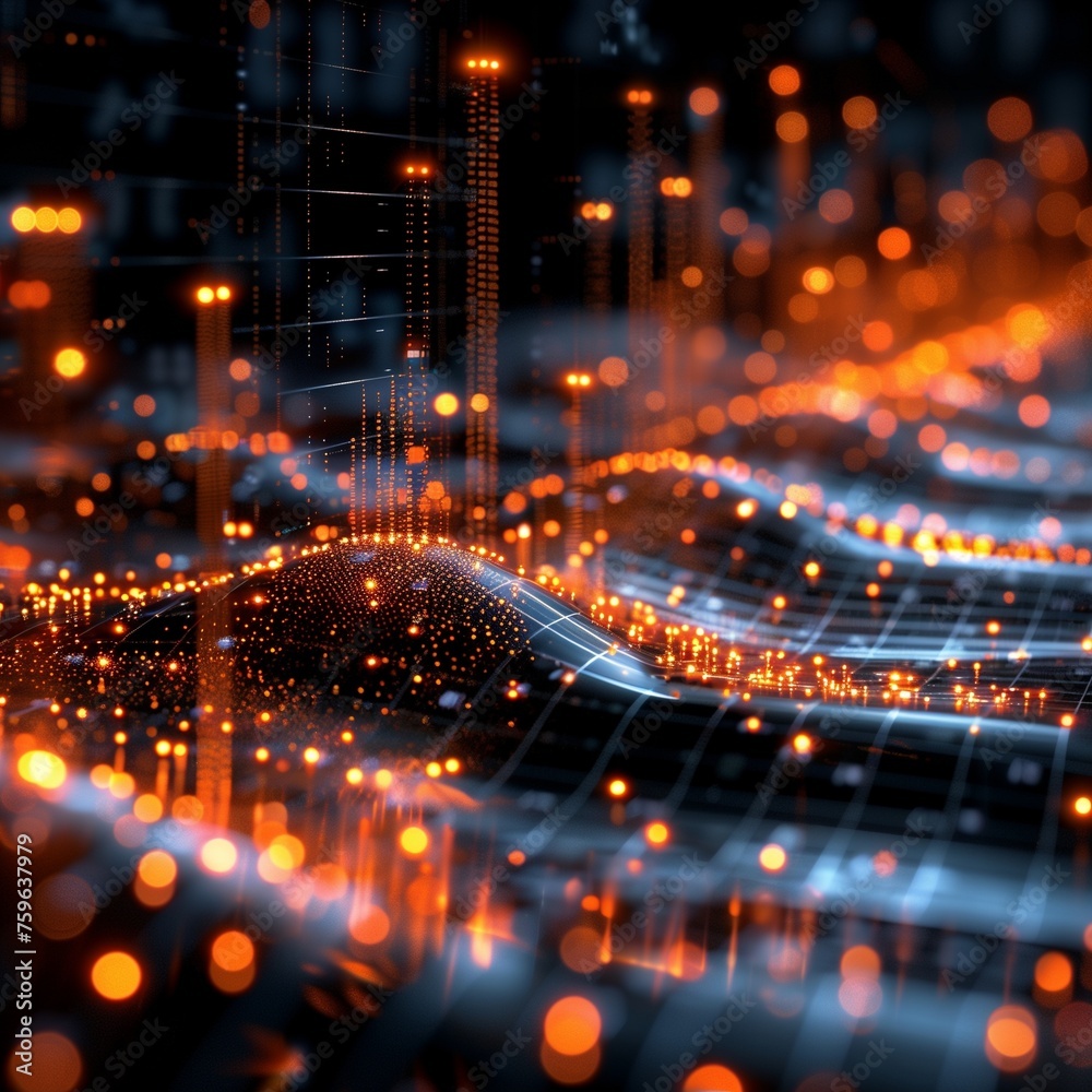 Fototapeta premium Technological Background: Lights, Beams, Code, Line Charts, and More
