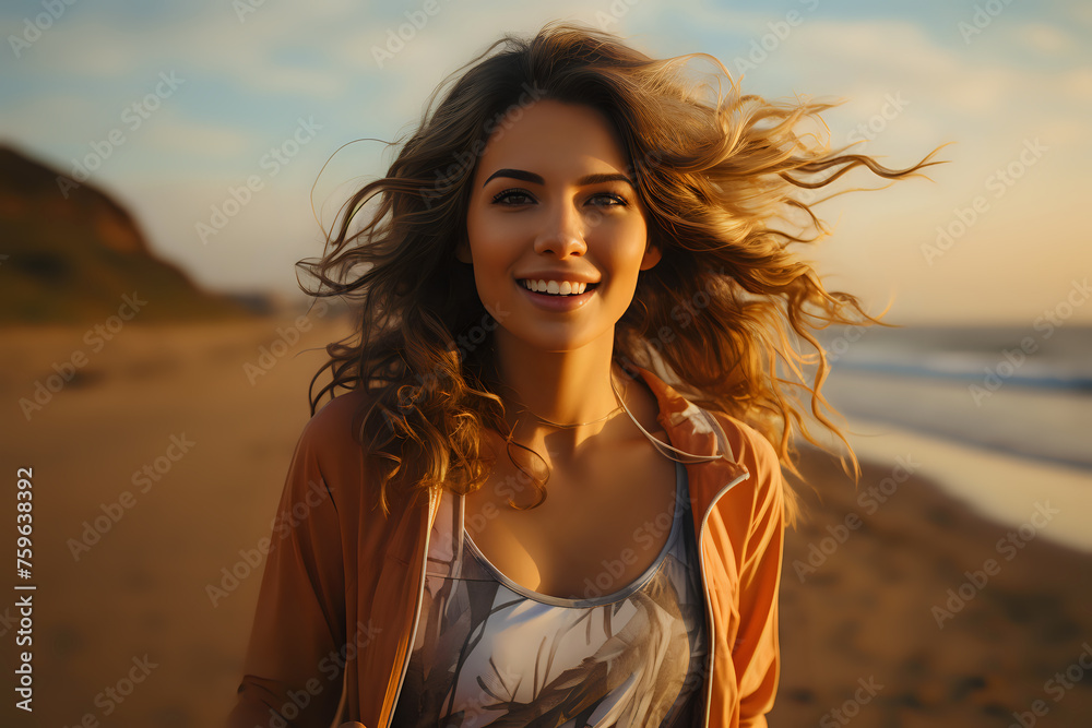Sunset glow on beach with joyful woman.

Capturing the essence of carefree joy, a woman smiles broadly with her hair tousled by the sea breeze against a beach sunset backdrop. Ideal for lifestyle