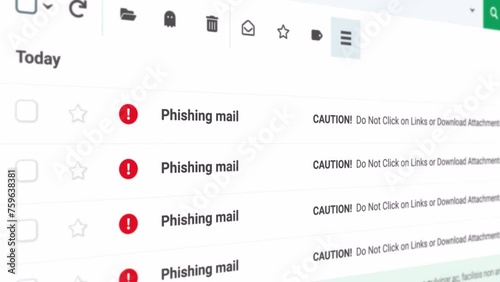 Receiving phishing mail from anonymous. Email spamming and phishing on digital screens. Mail UI animation. photo