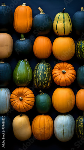 Assorted Autumn Pumpkins on Dark Background. Variety of colorful pumpkins arranged in a grid against a dark backdrop, perfect for fall-themed designs and decor.