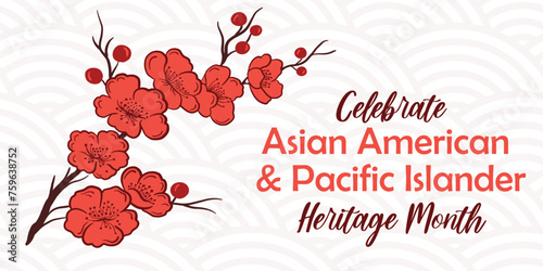 Asian American, Pacific Islander Heritage month vector banner with hand drawn sakura cherry blossom branch. Greeting card, AAPI print