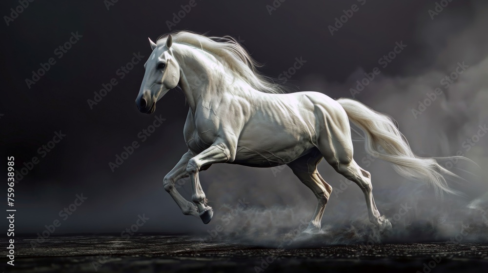 A graceful white horse strong clearly muscular on a black abstract background, high detailed.