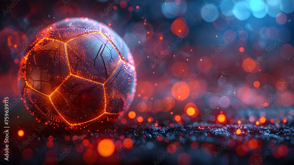 Futuristic Game Time: Glowing Soccer Ball Illuminated with Neon Lights and High-Tech Energy - obrazy, fototapety, plakaty 
