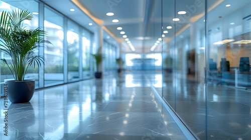 Corporate Elegance  Bright and Spacious Office Corridor with Reflective Marble Flooring