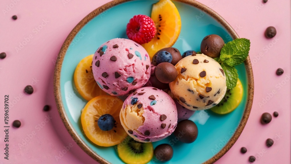 Balls of beautiful bright multi-colored ice cream, decorated with chocolate chips, fruits, mint. View from above. Light photo, bright saturated colors. International Creative Ice Cream Day.