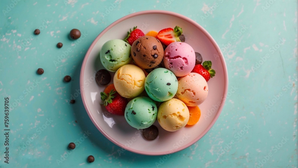 Balls of beautiful bright multi-colored ice cream, decorated with chocolate chips, fruits, mint. View from above. Light photo, bright saturated colors. International Creative Ice Cream Day.