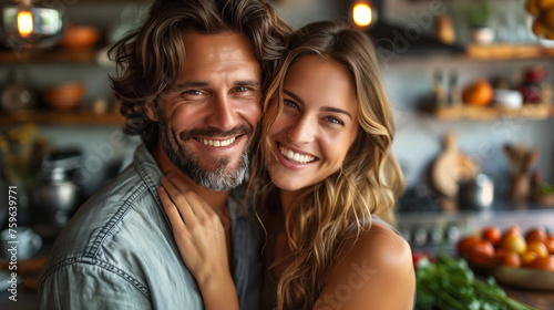 woman selfie phone man couple camera mobile phone portrait smartphone happy young romance together love photo picture kitchen food dinner lunch vegetables relationship boyfriend girlfriend. photo